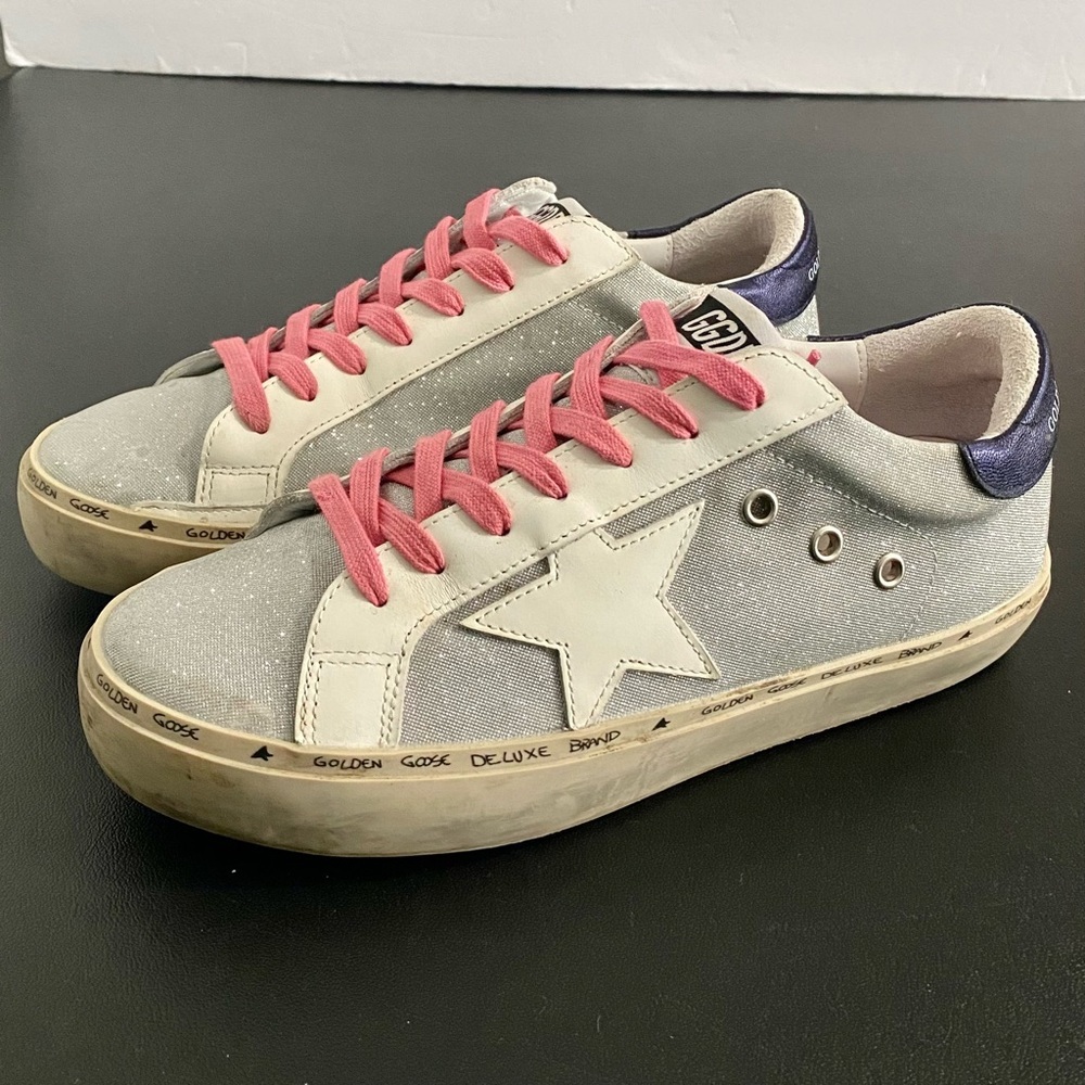 Golden Goose Deluxe Brand Hi Star Sneakers Size 40 US 10 Silver Checked Glitter - Picture 5 of 16